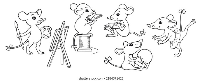 Little mice are busy with different activities. To illustrate children's books - coloring books, educational materials.