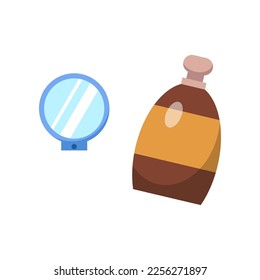 Little mirror and perfume cartoon vector illustration. Cartoon drawing of summer vacation or beauty accessories isolated on white background. Travel, tourism, makeup concept