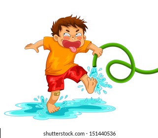 little mischievous boy playing with the water hose