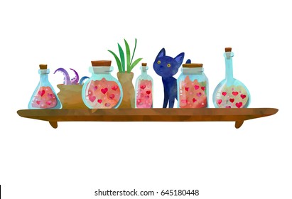 Little mischievous cat sits on shelf with love potions.