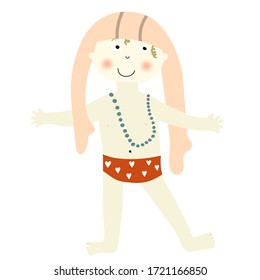 Little mischievous girl with red pants put on pantyhose on her head . Vector cartoon. 