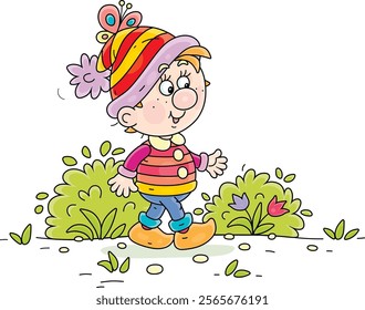 Little mischievous gnome smiling friendly and walking through a summer forest in a fairy-tale kingdom, vector cartoon illustration on a white background