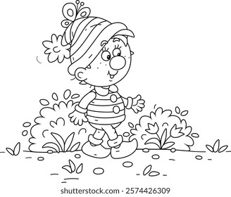 Little mischievous gnome smiling friendly and walking through a summer forest in a fairy-tale kingdom, black and white vector cartoon illustration for a coloring book