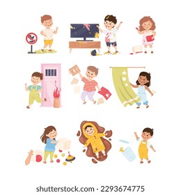 Little Mischievous Kids with Bad Behavior Making Mess and Chaos Vector Set