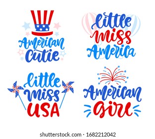 Little Miss America, american girl hand written lettering set. 4th of July, United States  Independence day calligraphy typographic design for t shirt emblem, kids apparel print. Vector illustration