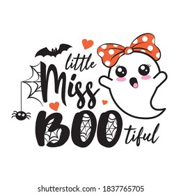 Little miss BooTiful. Beautiful boo text. Happy Halloween illustration. Handmade lettering print. Vector illustration with cute Ghost with lovely quote. Good for prints on t-shirts, cards, invitation