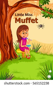 Little Miss Muffet, Kids English Nursery Rhymes book illustration in vector