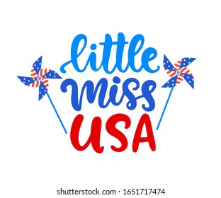 Little Miss USA hand written ink lettering. 4th of July, United States of America Independence day modern calligraphy typographic design for t shirt emblem, kids apparel print. Vector illustration