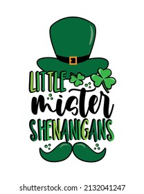 Pequeño señor Shenanigans - tipografía graciosa con sombrero de leprechaun y bigote. Es bueno para la impresión de camisetas, ropa de bebé, etiqueta, tarjeta y otra decoración.