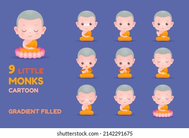 little monk cartoon illustration. gradient filled style vector set