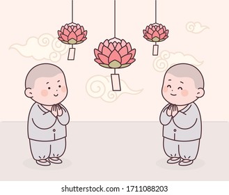 Little monk and lotus lamp. Little monk is raising hands and smiling.