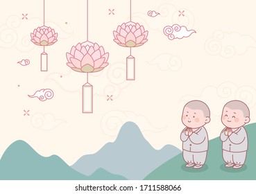 Little monk and lotus lamp. Little monk is raising hands and smiling.