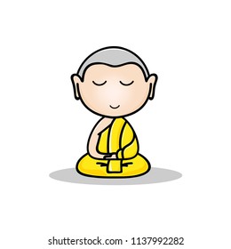 The little monk is meditation practice isolated on white background. Vector illustration.
