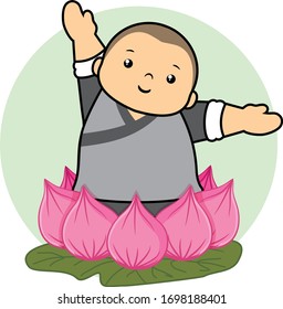 Little monk is standing on lotus flowers