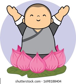 Little monk is standing on lotus flowers