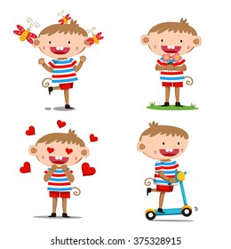 Little monkey boy and his actions design, illustration, vector