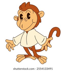 Little monkey cartoon characters wearing white shirt and greetings. Best for sticker, logo, and mascot with animal themes for kids