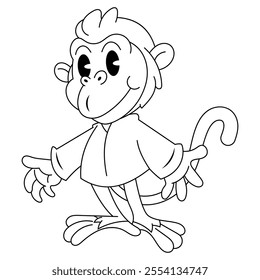 Little monkey cartoon characters wearing a shirt and greetings. Best for outline, logo, and coloring book with animal themes for kids