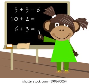 Little monkey counting and writing down the outcome on blackboard.