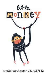 Little monkey - Cute kids hand drawn nursery poster with monkey animal and lettering. Color vector illustration in scandinavian style.