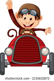 Little monkey driving race car on white background illustration