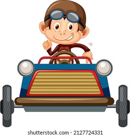 Little monkey driving race car on white background illustration