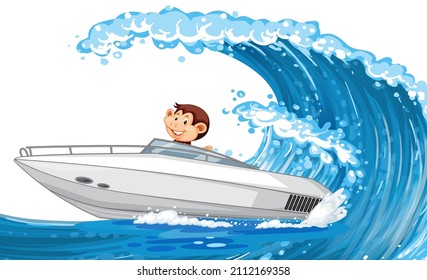 Little monkey driving speed boat on ocean wave illustration