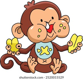 macaquinho comer petiscos de banana ou comida, bebê macaco, desenho animado animal, adesivo, personagem, marca ou material de design mascote, recurso gráfico