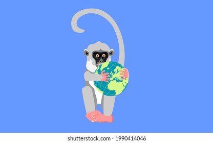 Little monkey with globe in hands isolated on blue vector illustration