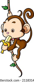The little monkey is hanging on the tree and eating banana of illustration