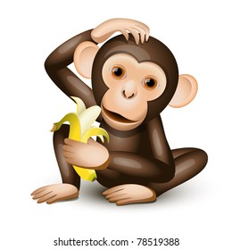 Little monkey holding a banana isolated on white