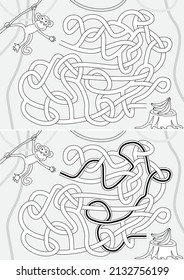 Little monkey maze for kids with a solution in black and white