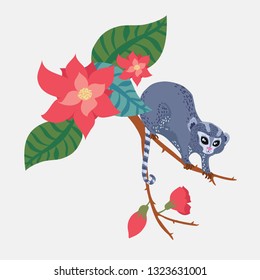 Little monkey on the tree. Monkey with flowers. Pattern for a scarf with animals. Wild animals of the jungle. Cute cartoon card with animal. Dwarf monkeys talapoyn. Dwarf monkeys on a gray.