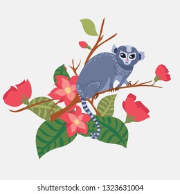 Little monkey on the tree. Monkey with flowers. Pattern for a scarf with animals. Wild animals of the jungle. Cute cartoon card with animal. Dwarf monkeys talapoyn. Dwarf monkeys on a gray.
