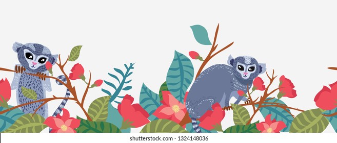 Little monkey on the tree. Monkey with flowers. Pattern for a scarf with animals. Wild animals of the jungle. Cute cartoon card with animal. Dwarf monkeys talapoyn. Dwarf monkeys on a gray.