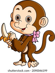 The little monkey is peeling a banana on its hand of illustration