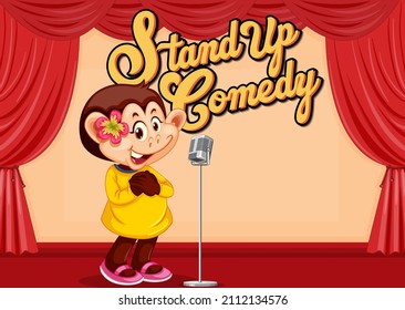 Little monkey performing singing on stage illustration
