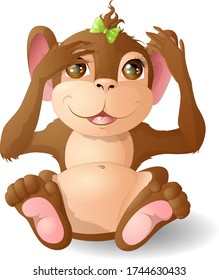 A little monkey is playing blind man's buff. Vector illustration.