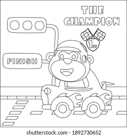 Little monkey racer, vector cartoon, Cartoon isolated vector illustration, Creative vector Childish design for kids activity colouring book or page. 
