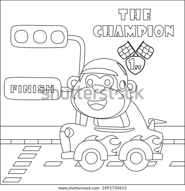 Little monkey racer, vector cartoon, Cartoon\
isolated vector illustration, Creative vector Childish design for\
kids activity colouring book or page.\
