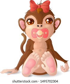 A little monkey with a red bow and a pink pacifier. Vector illustration.