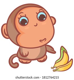 Little monkey with ripe bananas scene vector on a white background