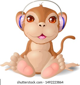 Little monkey sitting in headphones. Vector illustration.