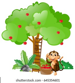 Little monkey sitting under apple tree illustration