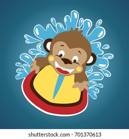 Little monkey surfing on water splash background, vector cartoon illustration