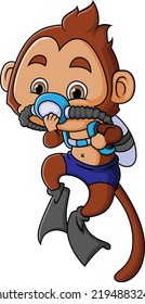 The little monkey is wearing a scuba diving gear to dive in water of illustration