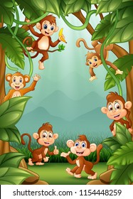 The little monkeys happy in jungle