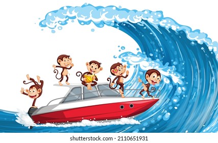 Little monkeys on speed boat on ocean wave illustration
