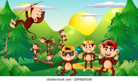 Little monkeys playing in forest scene illustration