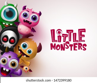 Little monster with 3d realistic character vector background template. Little monsters text with empty space for message in white background. Vector illustration.